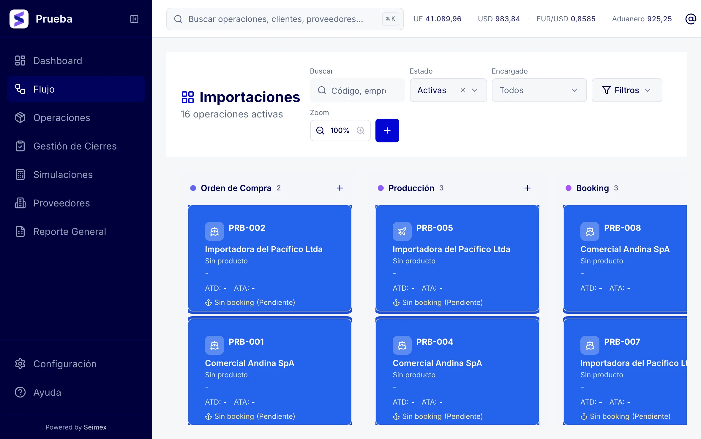 Flujo de importaciones por etapa en la plataforma Seimex