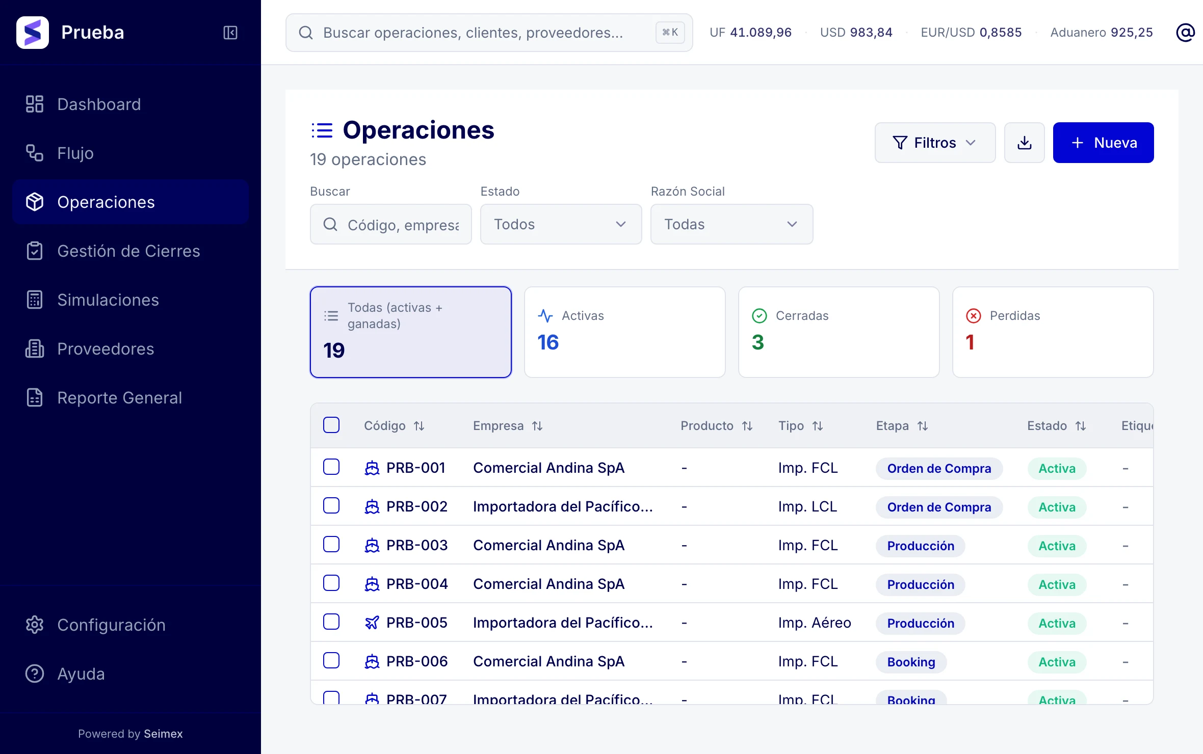 Pantalla de operaciones de la plataforma Seimex